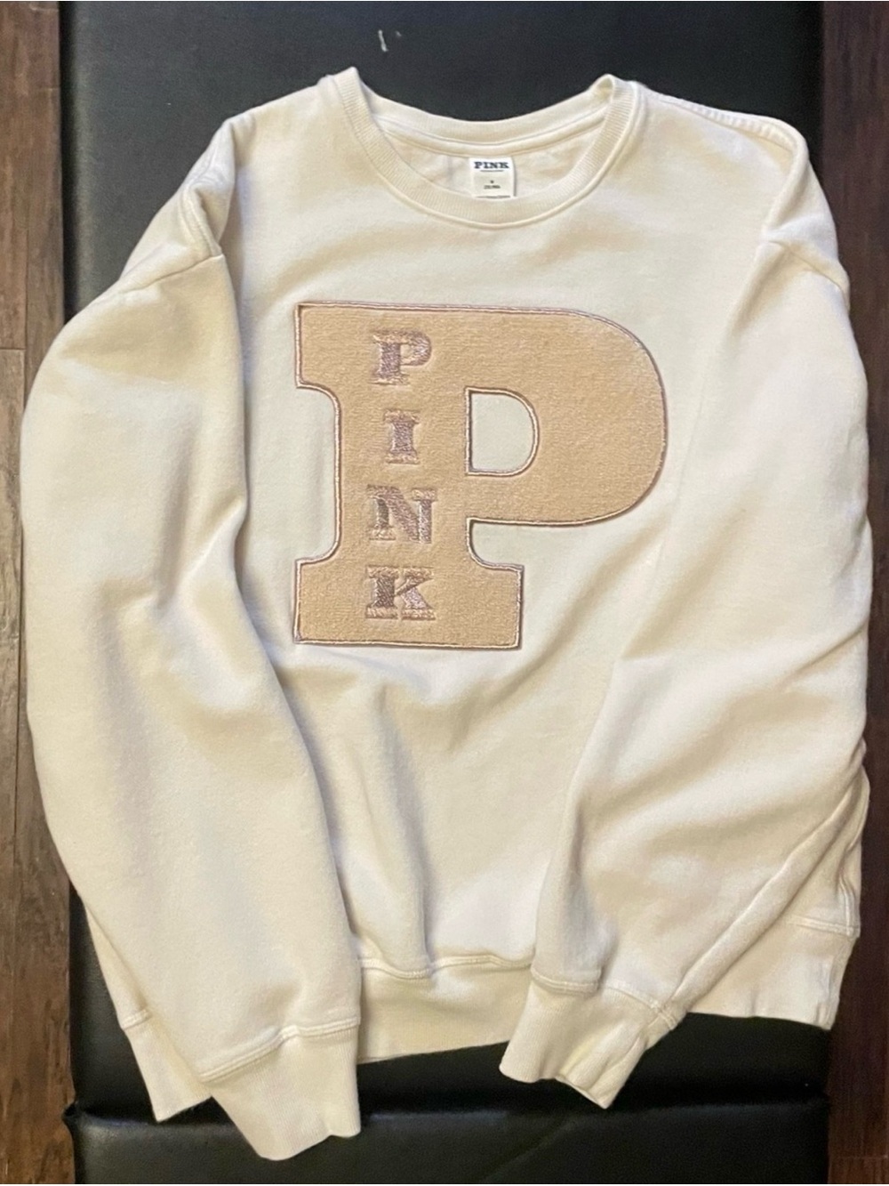 PINK Victoria's Secret Cream Crewneck Sweatshirt with Tan Appliqué P